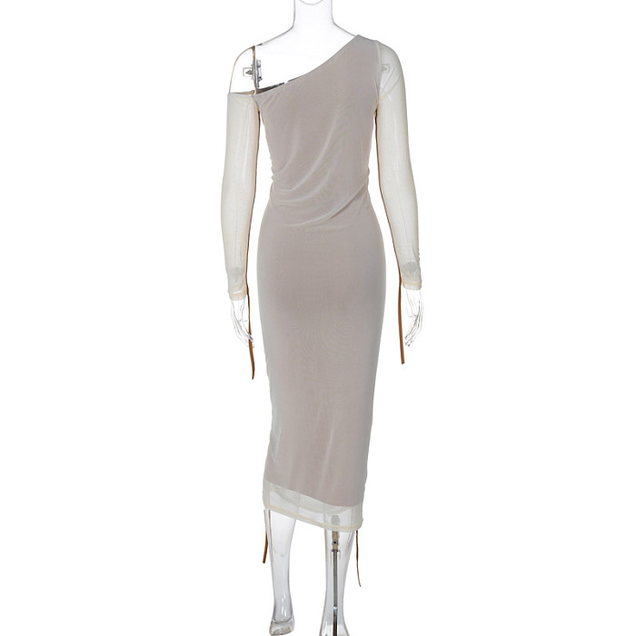 SUPER WHOLESALE | Asymmetric Shoulder Patchwork Long Dress in White