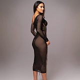 SUPER WHOLESALE | Asymmetric Shoulder Patchwork Long Dress in Black