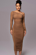 SUPER WHOLESALE | Asymmetric Shoulder Patchwork Long Dress in Brown