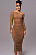 SUPER WHOLESALE | Asymmetric Shoulder Patchwork Long Dress in Brown