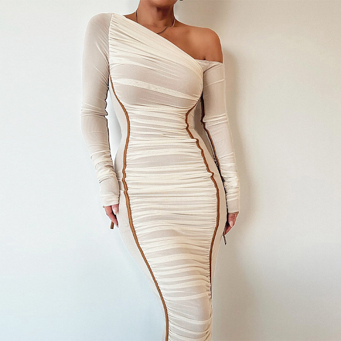 SUPER WHOLESALE | Asymmetric Shoulder Patchwork Long Dress in White