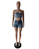 SUPER WHOLESALE | Denim Embossed Bandeau Shorts Set