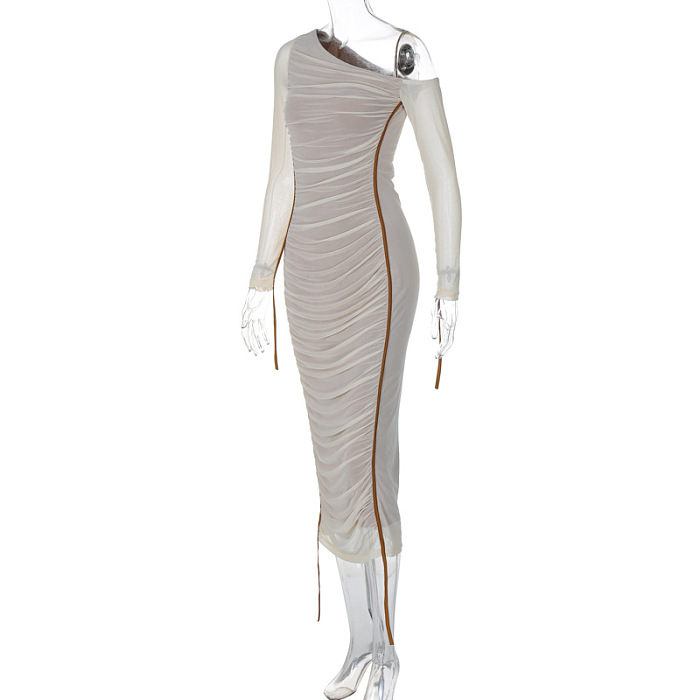 SUPER WHOLESALE | Asymmetric Shoulder Patchwork Long Dress in White