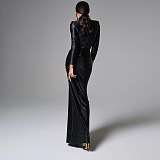 SUPER WHOLESALE |  Self-tied Round Neck Long Dress in Black