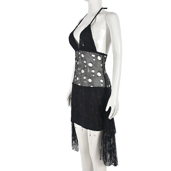 SUPER WHOLESALE | Clip Decor Hollow Out Mesh Halter Dress