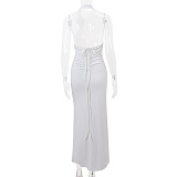 SUPER WHOLESALE | Halter Rose Decor Open Back Long Dress