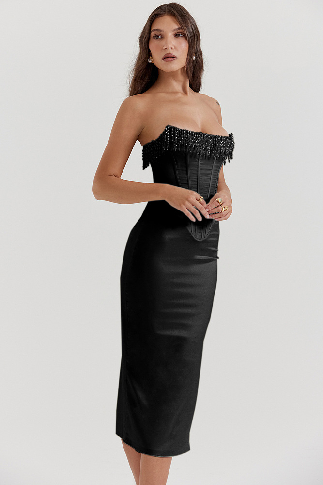 SUPER WHOLESALE | Strapless Bodycon Dress Decorated with Pearls