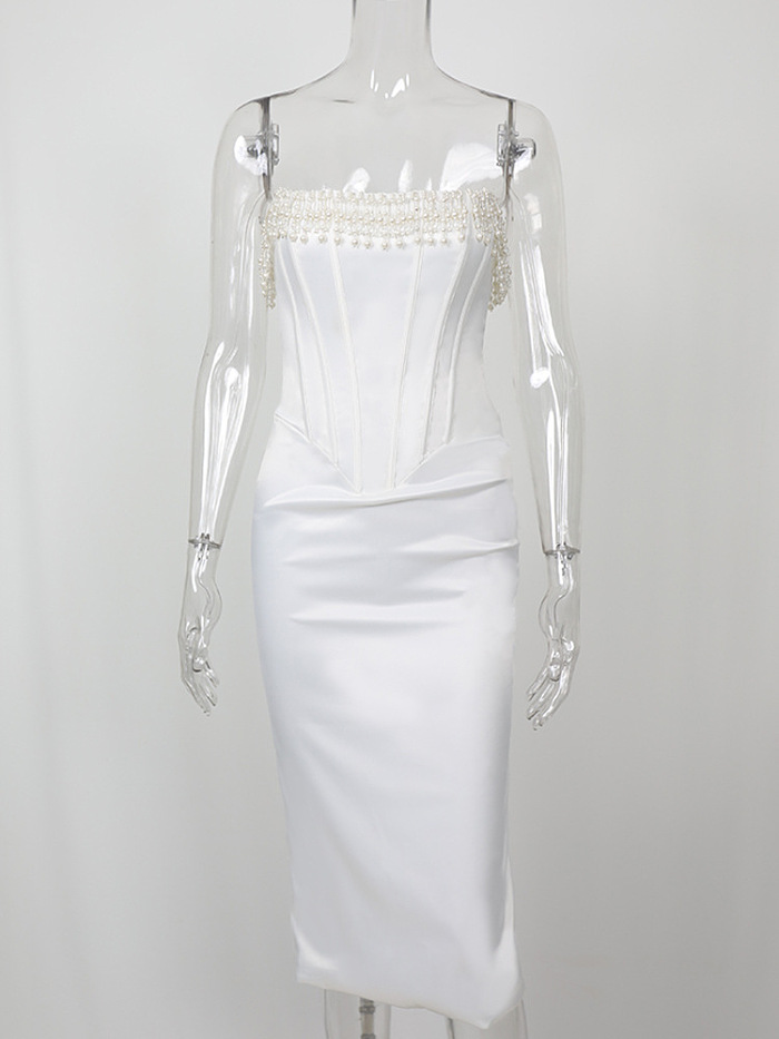 SUPER WHOLESALE | Strapless Bodycon Dress Decorated with Pearls