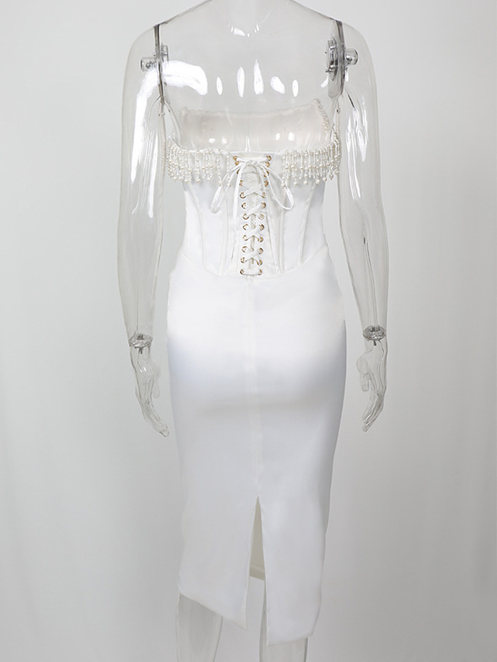 SUPER WHOLESALE | Strapless Bodycon Dress Decorated with Pearls