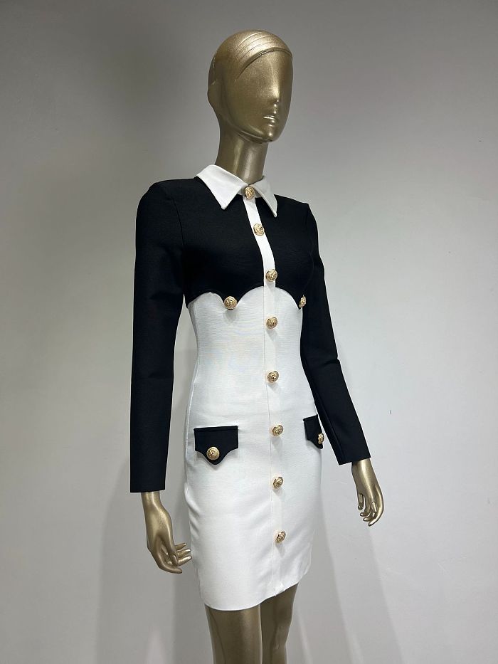 SUPER WHOLESALE | Two Tones Shirt Collar Dress