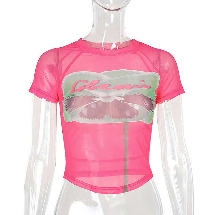 SUPER WHOLESALE | Printed Mesh Crop T-shirt Top