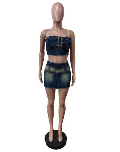 SUPER WHOLESALE | Denim Skirt Set with Bandeau Top