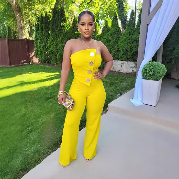 SUPER WHOLESALE | Strapless Jumpsuit Decorated with Big Buttons