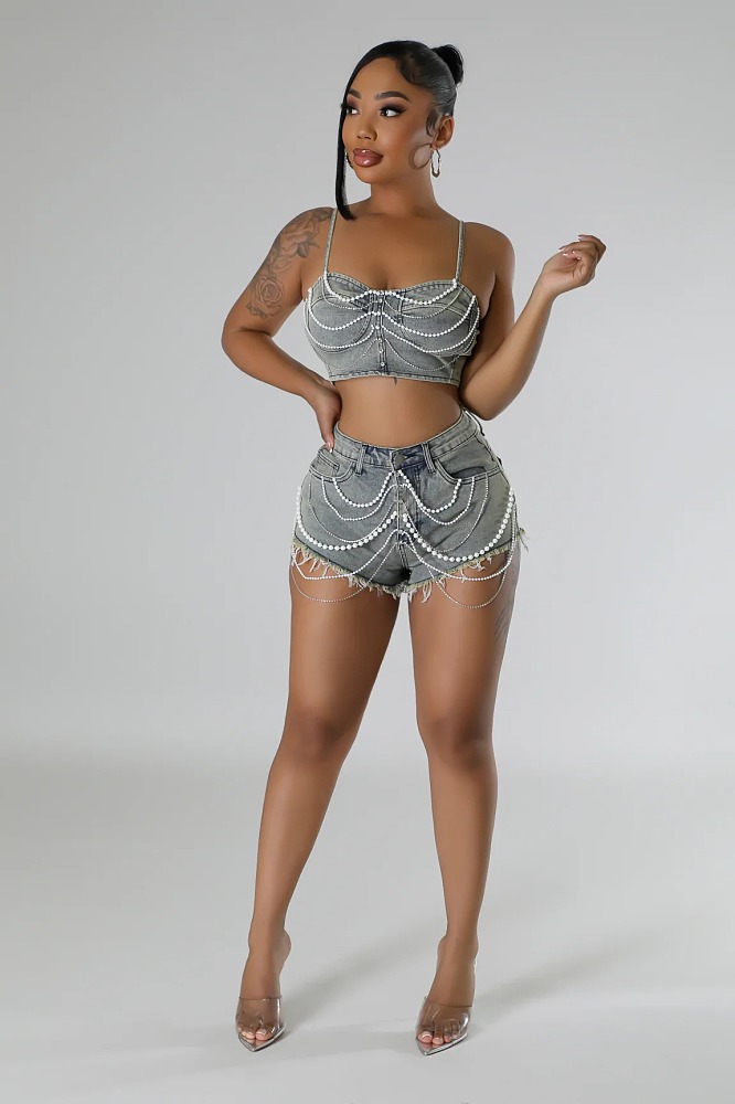 SUPER WHOLESALE | Distress Jeans Shorts Set Decorated with Pearls