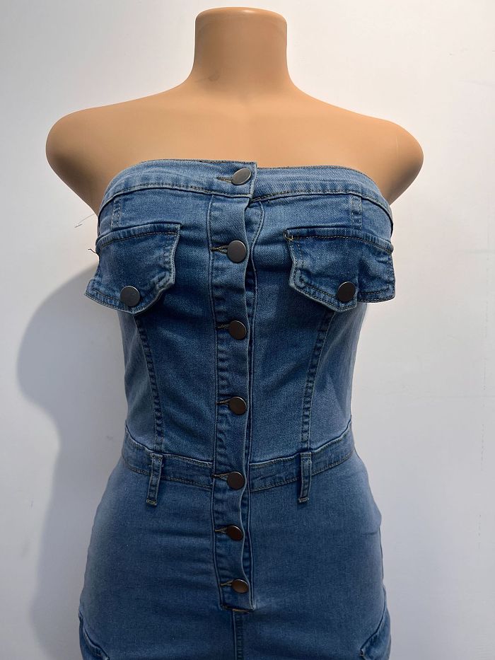 SUPER WHOLESALE | Strapless Cargo Jumpsuit in Denim