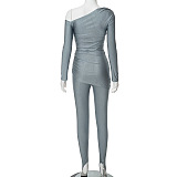 SUPER WHOLESALE | Asymmertrical Shoulder Elastic  Pants Set