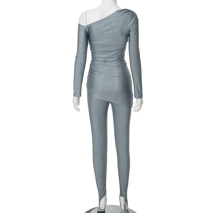 SUPER WHOLESALE | Asymmertrical Shoulder Elastic  Pants Set