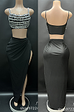SUPER WHOLESALE| Diamond Beaded Split Skirt Set Decorated with Tank Top