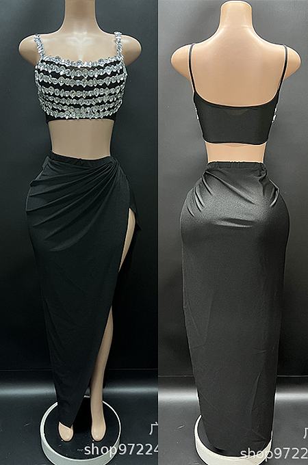 SUPER WHOLESALE| Diamond Beaded Split Skirt Set Decorated with Tank Top