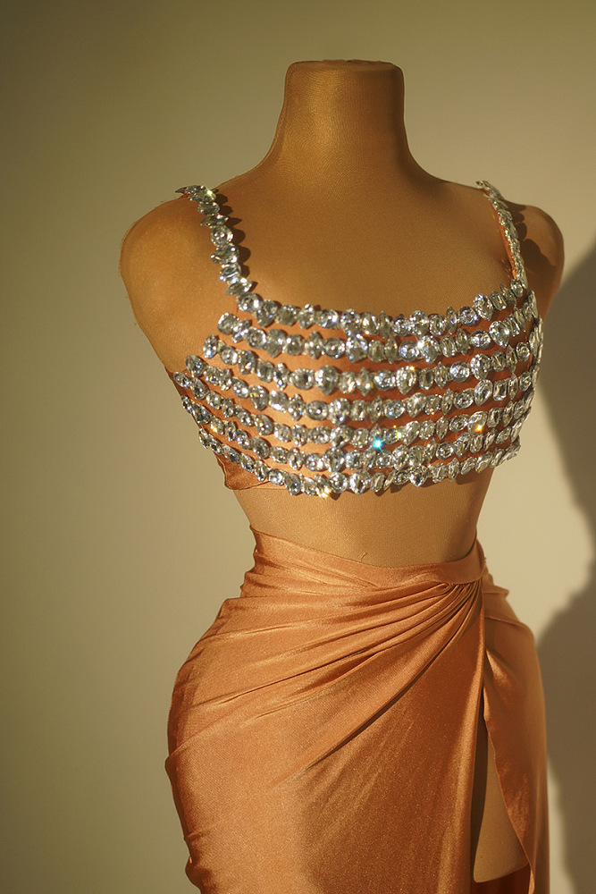 SUPER WHOLESALE| Diamond Beaded Split Skirt Set Decorated with Tank Top