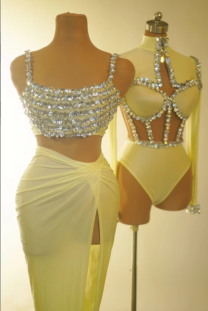 SUPER WHOLESALE| Diamond Beaded Split Skirt Set Decorated with Tank Top