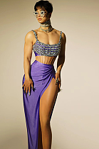 SUPER WHOLESALE| Diamond Beaded Split Skirt Set Decorated with Tank Top