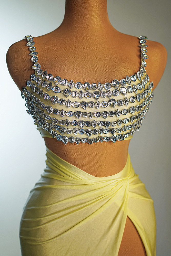 SUPER WHOLESALE| Diamond Beaded Split Skirt Set Decorated with Tank Top