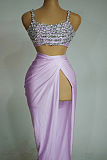 SUPER WHOLESALE| Diamond Beaded Split Skirt Set Decorated with Tank Top