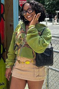 SUPER WHOLESALE| Printed Hoodie Tracking Top in Green