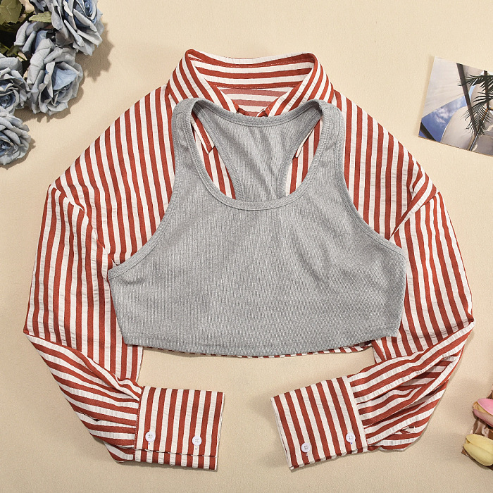 SUPER WHOLESALE| Striped Shirt Top with Tank Cover