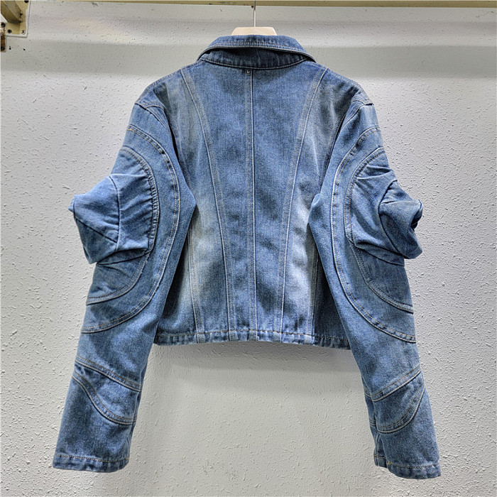 SUPER WHOLESALE| Denim Lantern Shoulder Jacket Top