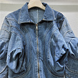 SUPER WHOLESALE| Denim Lantern Shoulder Jacket Top