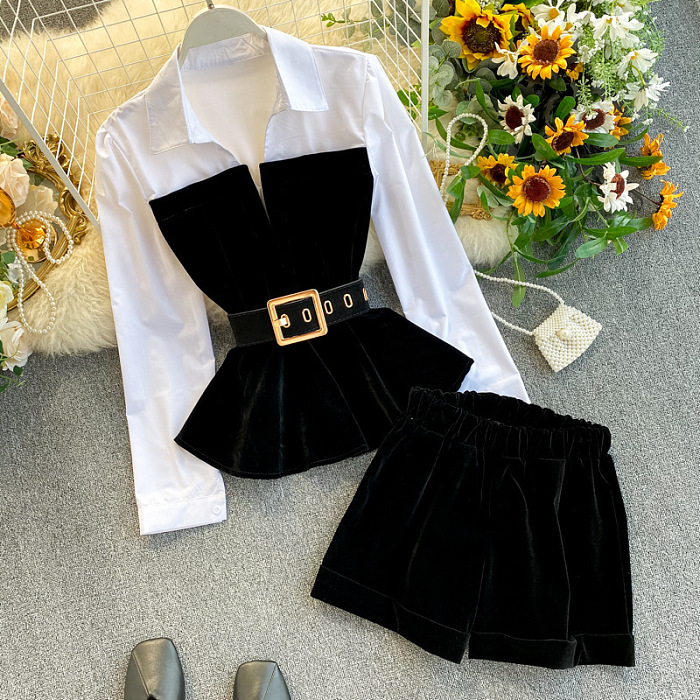 SUPER WHOLESALE| Shorts Set with Patchwork Shirt Top