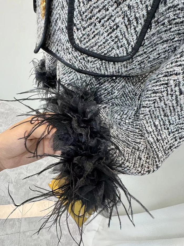 SUPER WHOLESALE| Hand-made Feather Cufss Front Pockets Skirt Set