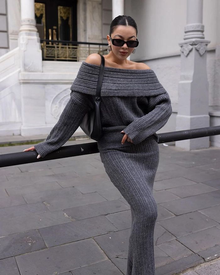 SUPER WHOLESALE| Knitted Off-shoulder Skirt Set
