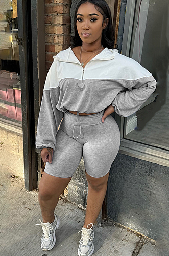 SUPER WHOLESALE| Half Zipper Shorts Set in Two Tones