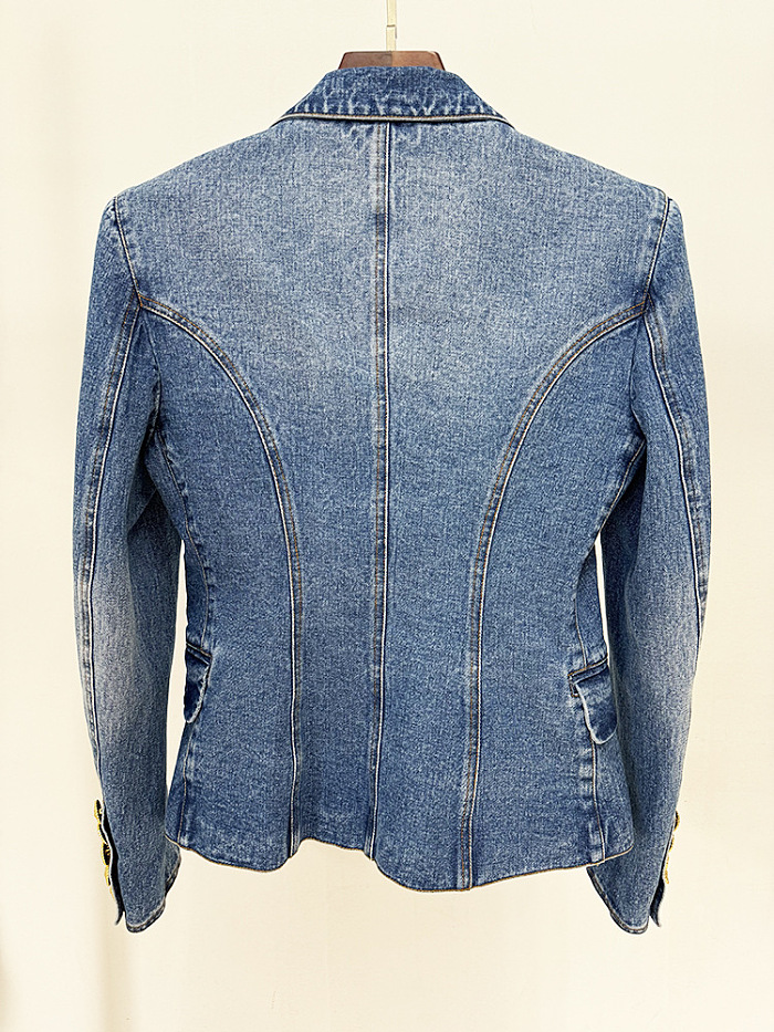 SUPER WHOLESALE| Denim Blazer Skirt Set with Gold Buttons