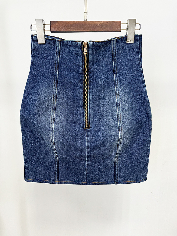 SUPER WHOLESALE| Denim Blazer Skirt Set with Gold Buttons