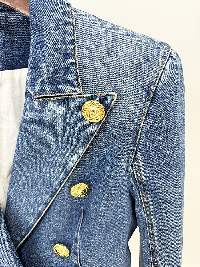 SUPER WHOLESALE| Denim Blazer Skirt Set with Gold Buttons