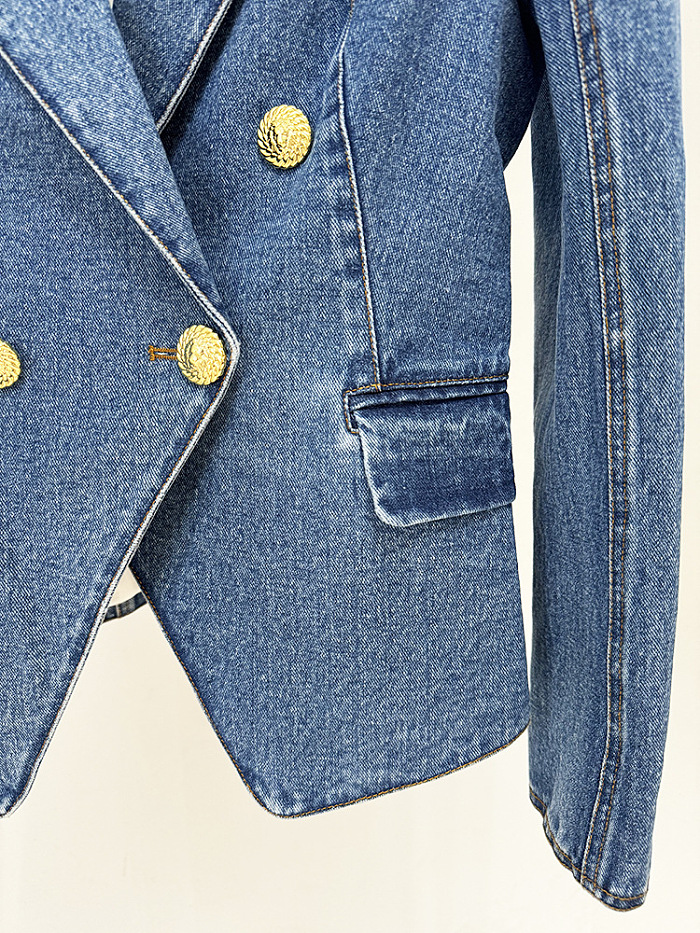 SUPER WHOLESALE| Denim Blazer Skirt Set with Gold Buttons