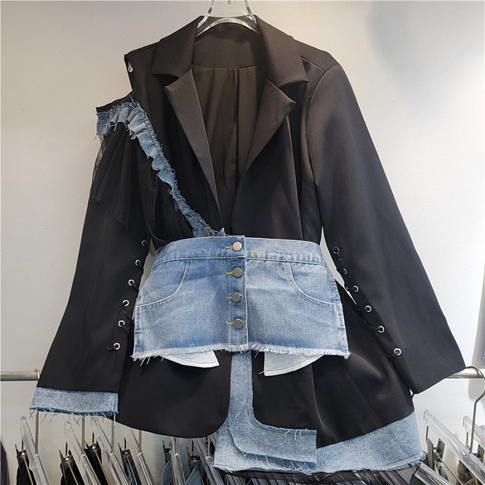SUPER WHOLESALE| Patchword Denim Blazer