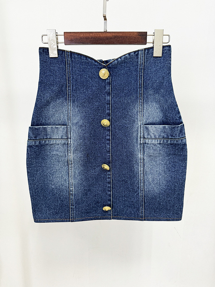 SUPER WHOLESALE| Denim Blazer Skirt Set with Gold Buttons
