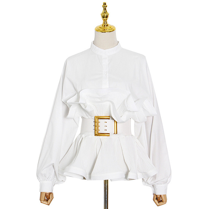 SUPER WHOLESALE| Lantern Sleeves Lotus Waist Top with Buckle