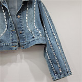 SUPER WHOLESALE| Denim Crop Jacket Decorated with Rhinestone