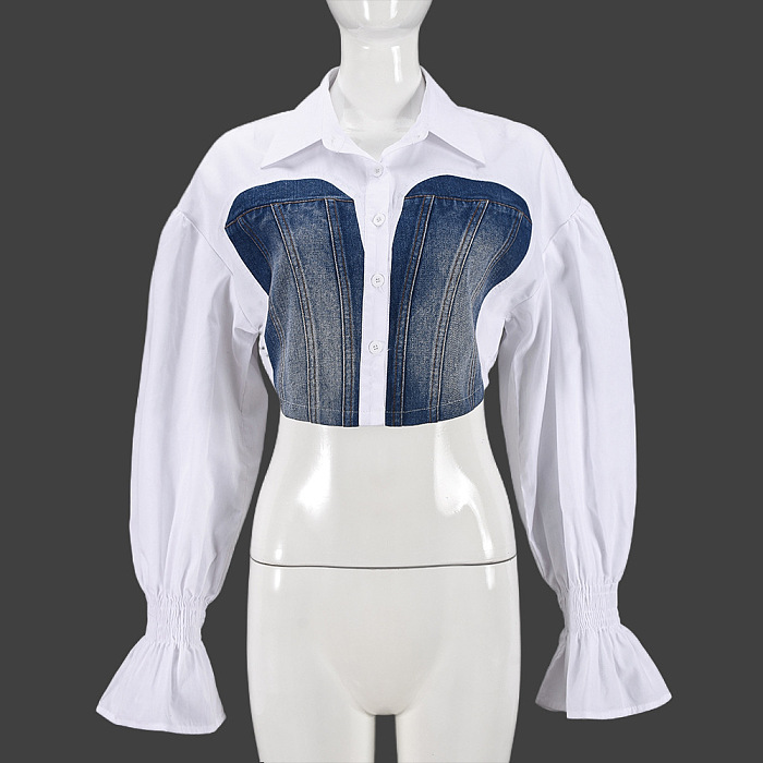SUPER WHOLESALE|  Lantern Sleeve Patchwork Shirt