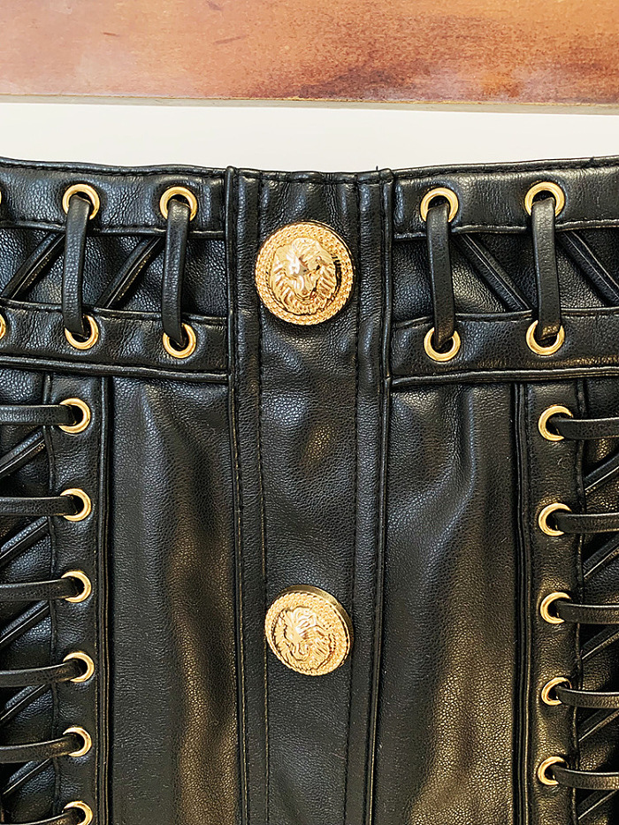SUPER WHOLESALE| Detailed Gold Button Leather Skirt Set