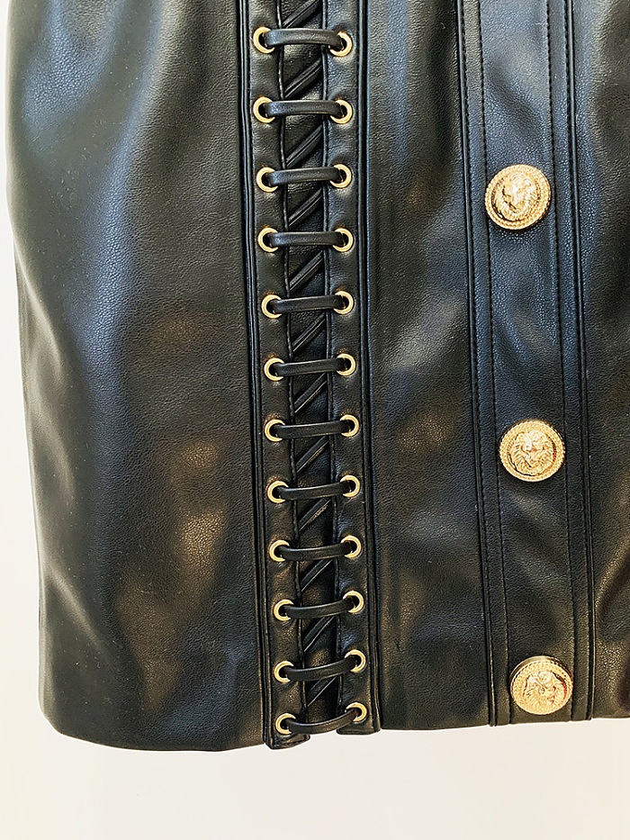 SUPER WHOLESALE| Detailed Gold Button Leather Skirt Set