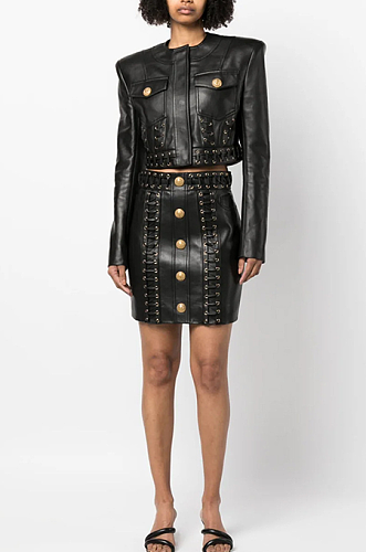 SUPER WHOLESALE| Detailed Gold Button Leather Skirt Set