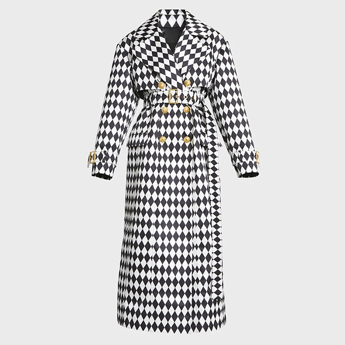 SUPER WHOLESALE|  Black and White Diamond Check Belted Long Trench Coat