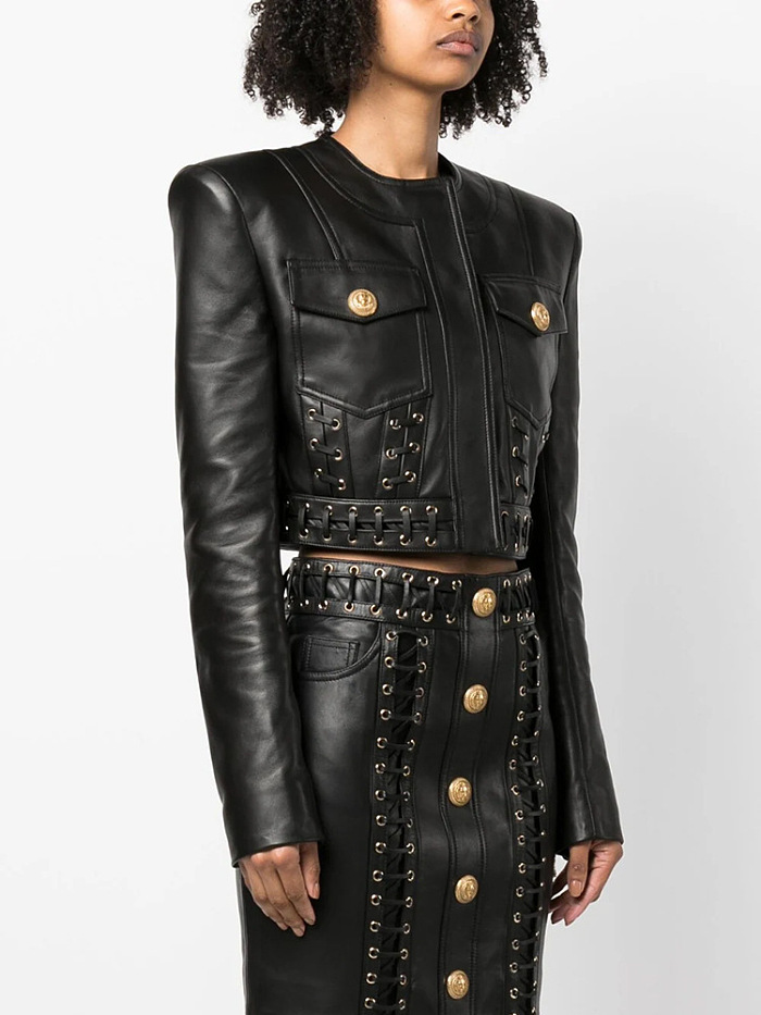 SUPER WHOLESALE| Detailed Gold Button Leather Skirt Set